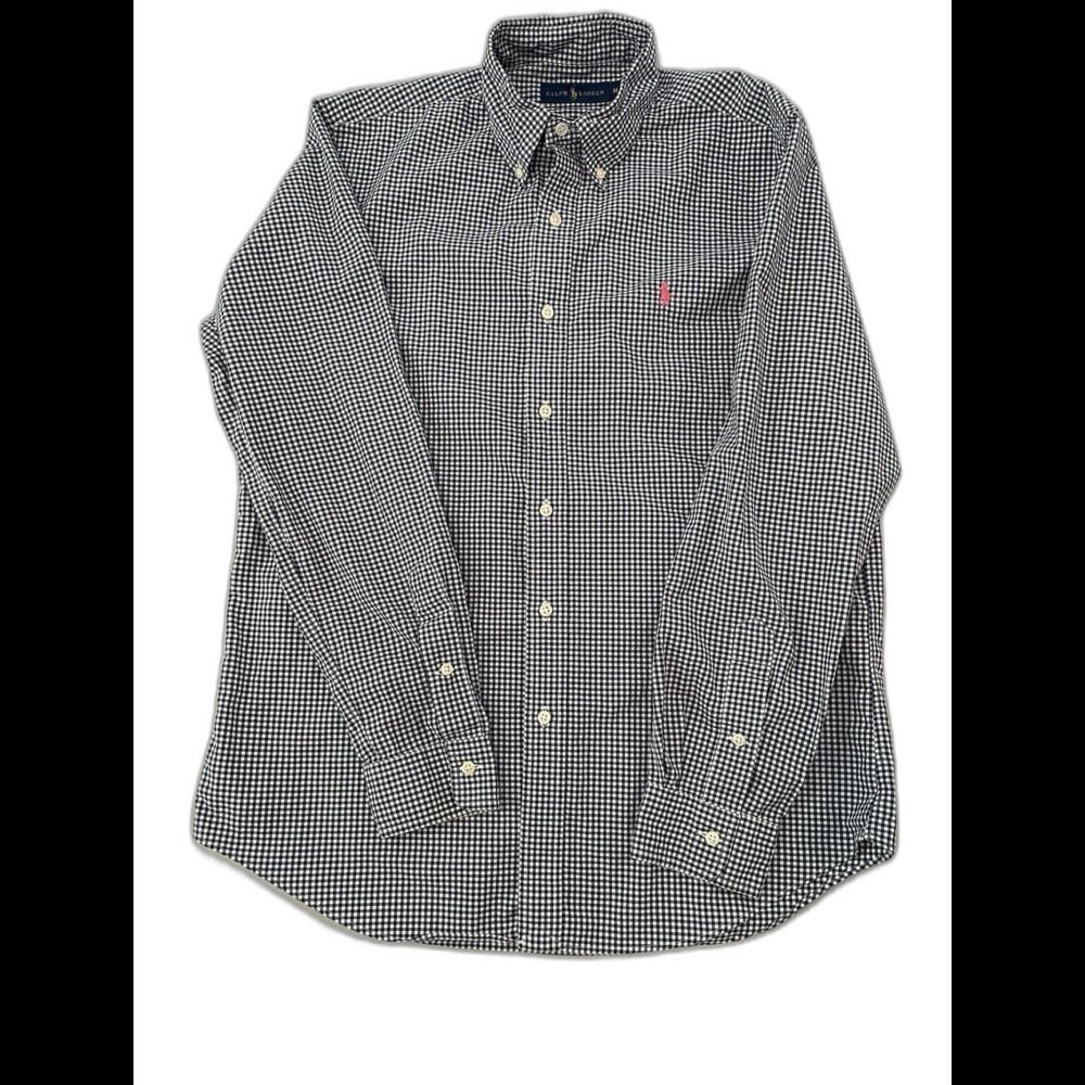 Ralph Lauren Shirt Men Size M Navy And white Check Pattern Pink Pony Logo Long S